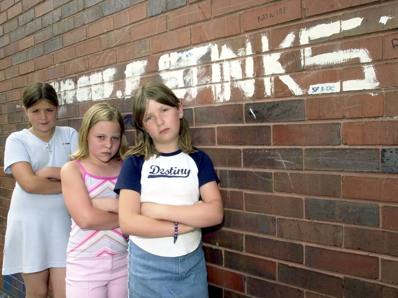 Pupils from Castleton Primary School, launched a campaign to clean-up the area in July 2002. Pictured, from left, are Zoe Pawson, Charlotte Burley and Sarah Cox.