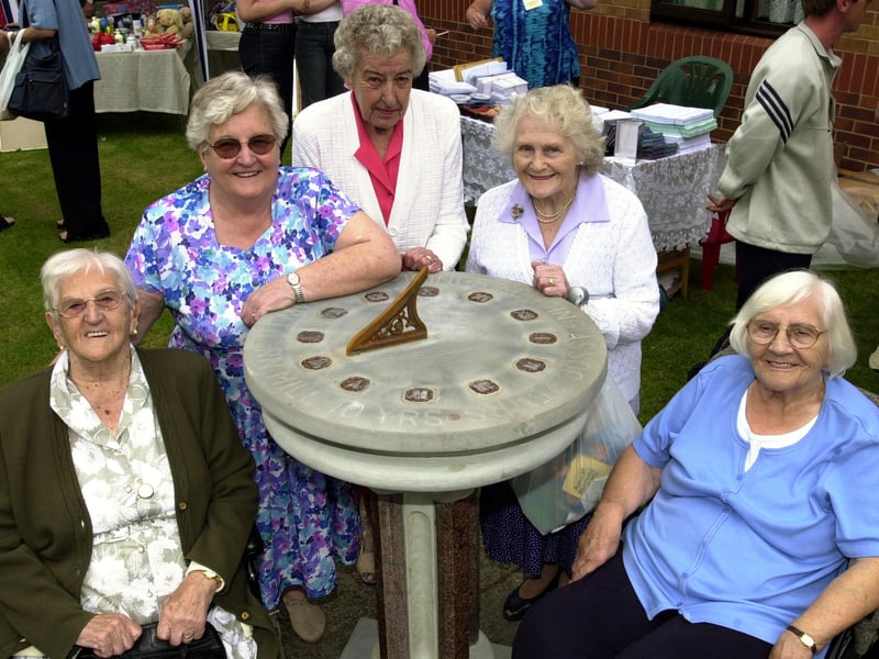 Ladies at the sun dial in August 2002 to mark the 10th anniversary of the Hawthorn Mill housing complex in Lower Wortley. Pictured, from left, are Lillian Wilson, Gwyneth Lawton, Doris Swan, Kathleen Downes and Majorie Messenger.