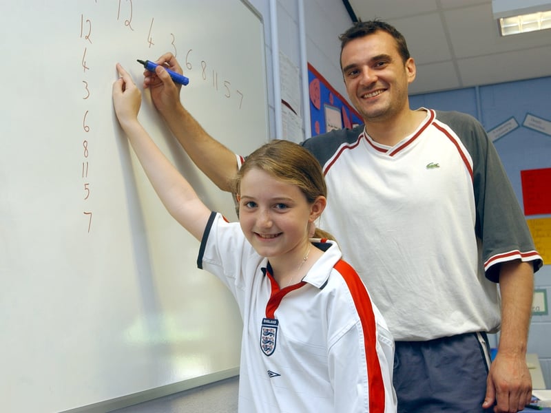 This is Chris Dyson who was named Northern Primary School Teacher of the Year in June 2003. He is pictured at Five Lanes Primary School with pupil Holly Stephenson. 