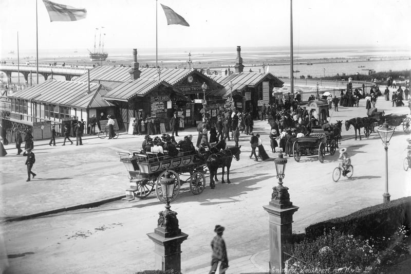 The entrance to Southport Pier which, when it opened, was the longest pier in England. Image dates back to between 1890 and 1910.