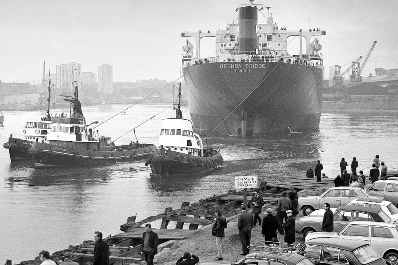 The Orenda Bridge was the largest ship ever to be built when she was launched at Doxford's North Sands yard in 1975.
Five tugs took charge of her. It should have been seven but there was a tugmen's strike in the Tyneside area.