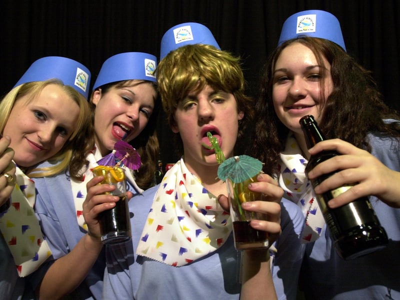 Travel reps from hell in February 2000. Pupils rehearse for their live music, dance and drama production "Searching For the Summer.  Pictured, from left, are Katherine Purcell, Kelly Lafferty, Paul Percival and Holly Naylor.