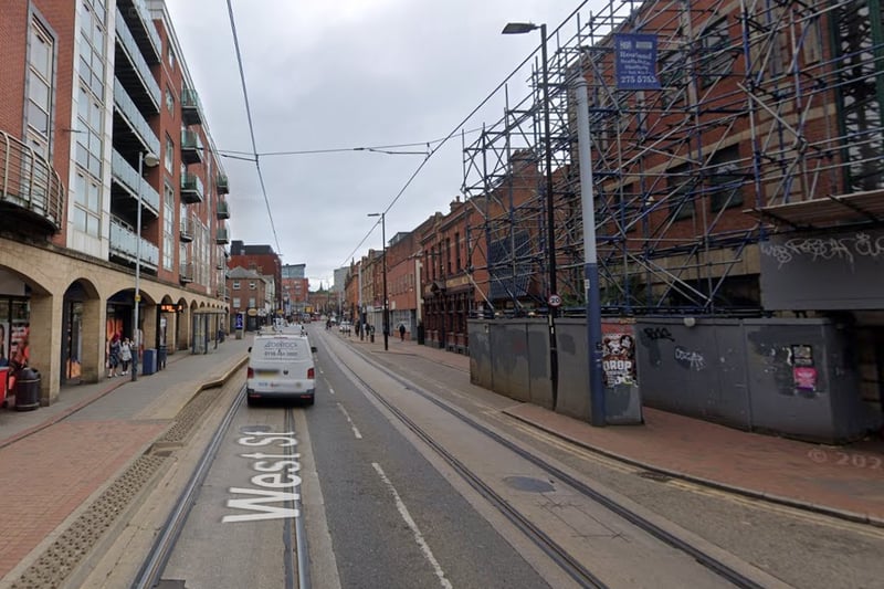 The sixth-highest number of reports of offences that took place in Sheffield in March 2024 were made in connection with incidents that took place on or near West Street, Sheffield city centre, with 23