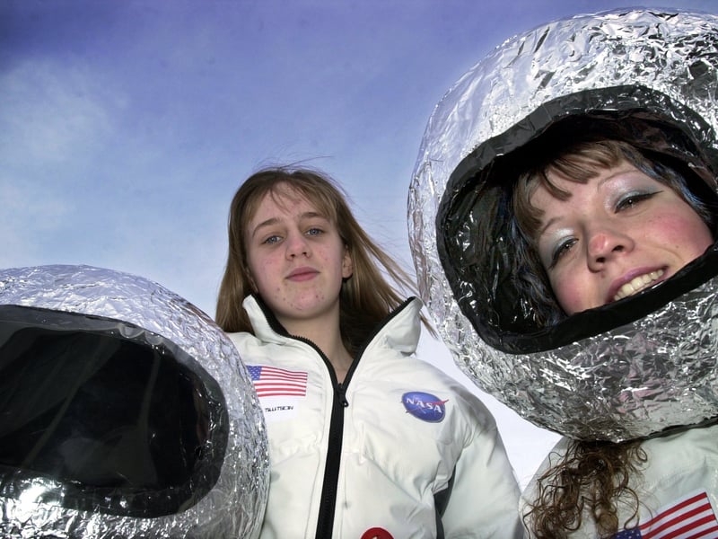 February 2001 and pictured are astronauts Helen Tillotson, left, and Holly Lopez who were two cast members of "Space 2001: A Wortley Oddity' being staged at the school.