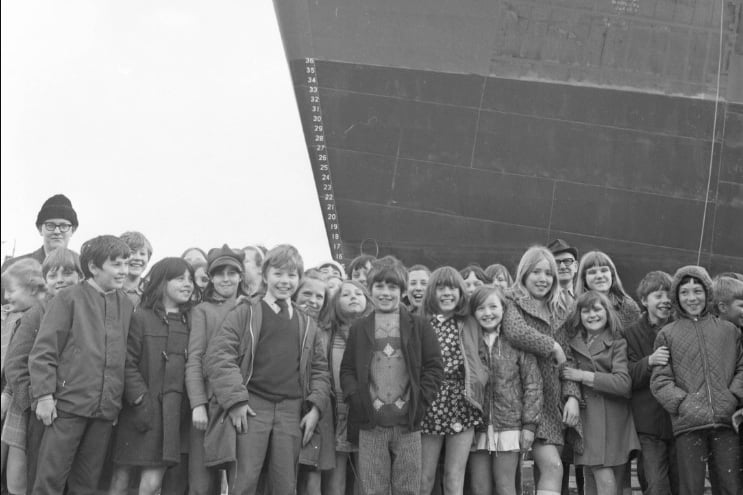 All these children from New Silksworth Junior School turned up to watch the launch of the 26,270 ton bulk carrier County Clare in 1970.
The ship moved a few feet before it became stuck and could not be moved.