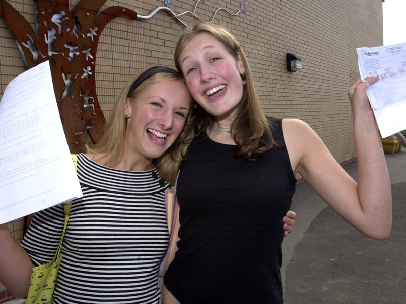 Amy Baggott, from Fulwood (4 As and a Top Candidate Award), and Juliet Eaton, from Crosspool (4 As), at Tapton School, in August 2003