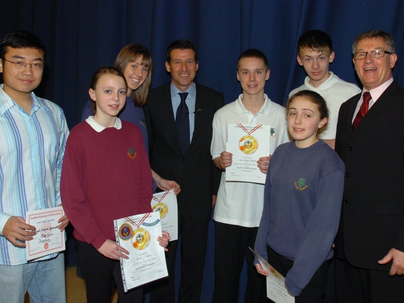 Lord Coe presents awards to Tapton School pupils who will be in the National Cross Country championships. Pictured from left are Mike Geo, Laurel Quinn, Kelly Hewitson, Seb Coe, Chris Grayson, Hazel Stubbs, James Gray and headteacher David Bowes