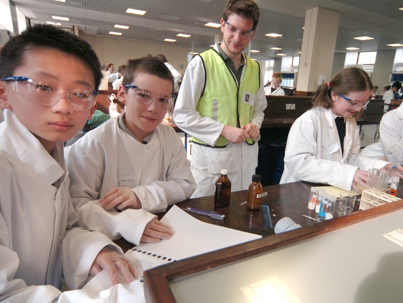 Tapton School pupils  Michael Liu, Eigen Horsefield, Elizabeth Wild and Ecre Karadag taking part in a 'Salty tale' at the Chemistry Department of the University of Sheffield.