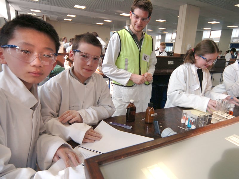 Tapton School pupils Michael Liu, Eigen Horsefield, Elizabeth Wild and Ecre Karadag taking part in a 'Salty tale' at the Chemistry Department of the University of Sheffield.