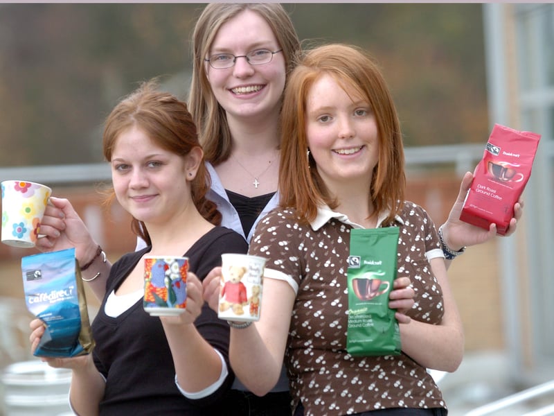 Sixth formers Rosie Huzzard, Harriet Robinson and Sophie Bennet who organised a fair trade coffee morning with other members of the Justice Group at Tapton School, Sheffield, in November 2004
