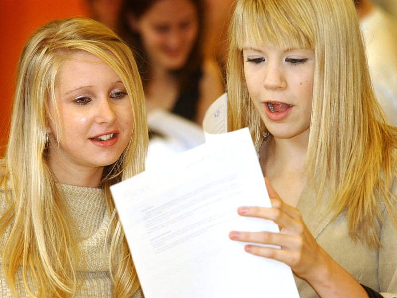 Tapton School pupils Wendy Herbert and Laura Hopkins, both 17, look at their A-level results. 