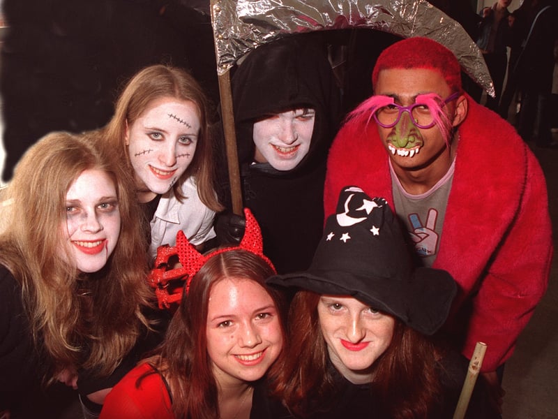 Pupils at Tapton School sixth form dress up for charity week in March 2002. Pictured left to right at the back are Malika Eisenhut, 17; Ruth Bird, 17; John Biggins, 17; and Rasel Ahmed, 16; and at the front are Liz Bampton, 17, and Sian Chess-Williams, 16