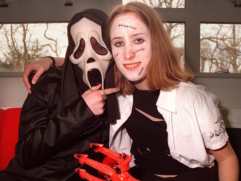 Tapton School sixth form pupils Becki Walker, 17, and Ruth Bird, also 17, in horror fancy dress for charity week in May 2002