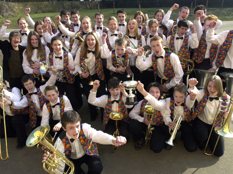 The Tapton School brass band celebrate in February 2003 after being crowned the School Champions in the National Youth Brass Band  Championships