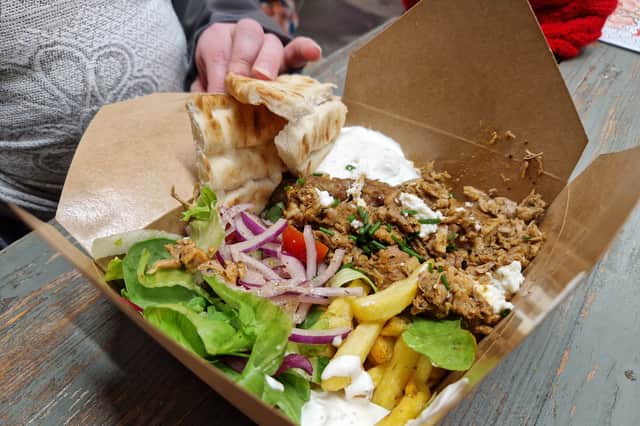 Our Greek meze box from the Steam Kitchen street food market at The Steamworks, on Randall Street, Sheffield