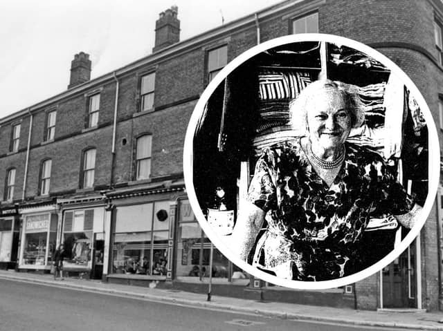 Hilda Flower and, left, the popular second-hand shop she ran on Devonshire Street, Sheffield city centre, during the 1960s, 70s, 80s and 90s. Her story has inspired a new play, Grandma's Shop, written by her granddaughter, Julie Flower, who used to help out at the shop. Photo: Picture Sheffield/Geoffrey Beattie