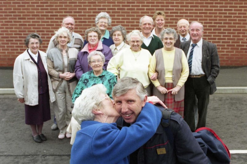 Sadie Ditch had a kiss for postman Steve Wilson who was nominated Postie of the Year in 1995.
Here he is with locals at Cuthbertson Court in Seaburn.