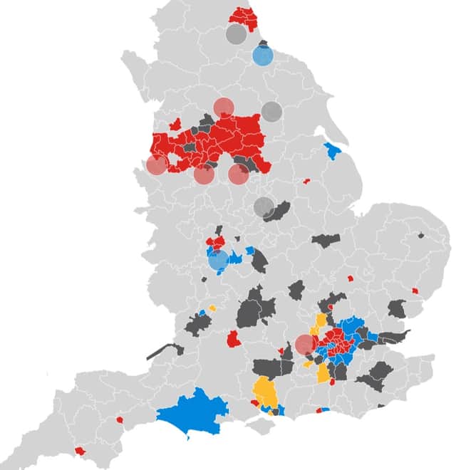 The results of the 2021 local elections, which are being fought tonight. Credit: Flourish/Kim Mogg