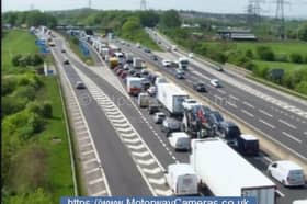Heavy congestion was captured on CCTV on the M1 between junction 33 and 34 northbound today (May 2) following a collision between a car and a lorry.
