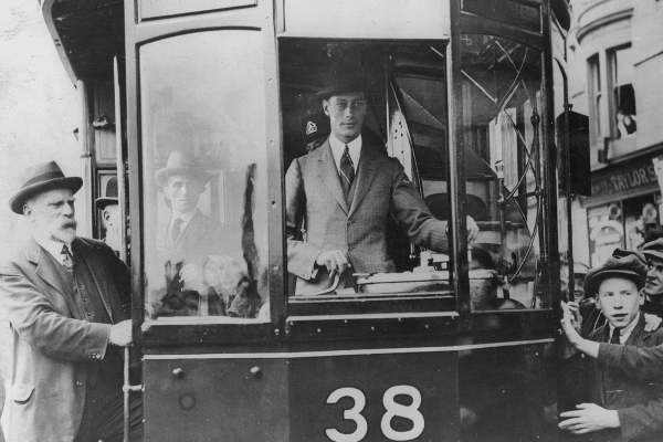 The Duke of York (who would soon become King George VI) operating a tram through Parkhead to celebrate the opening of Glasgow Tramways recreation ground for employees in September 1924. The bearded figure on the left is James Dalrymple, General Manager Parkhead.