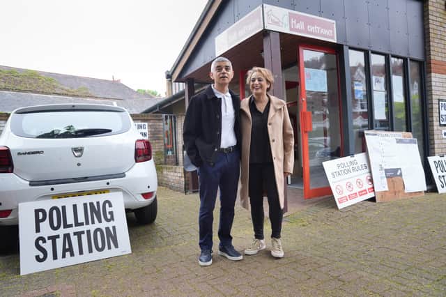Current Mayor of London and Labour party candidate Sadiq Khan, with his wife Saadiya Khan, leaves the polling station at St Alban's Church, south London, after casting his vote in the local and London Mayoral election. 