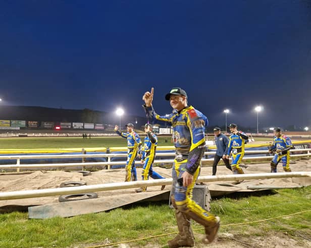 Sheffield Tigers riders salute their fans after victory over Oxford at Owlerton. 