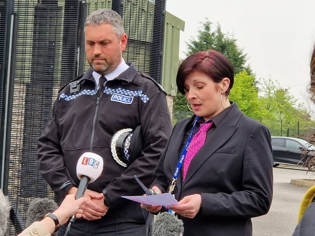 Birley Academy headteacher Victoria Hall with Assistant Chief Constable Dan Thorpe outside the school after an incident in which three people were injured on Wednesday, May 1