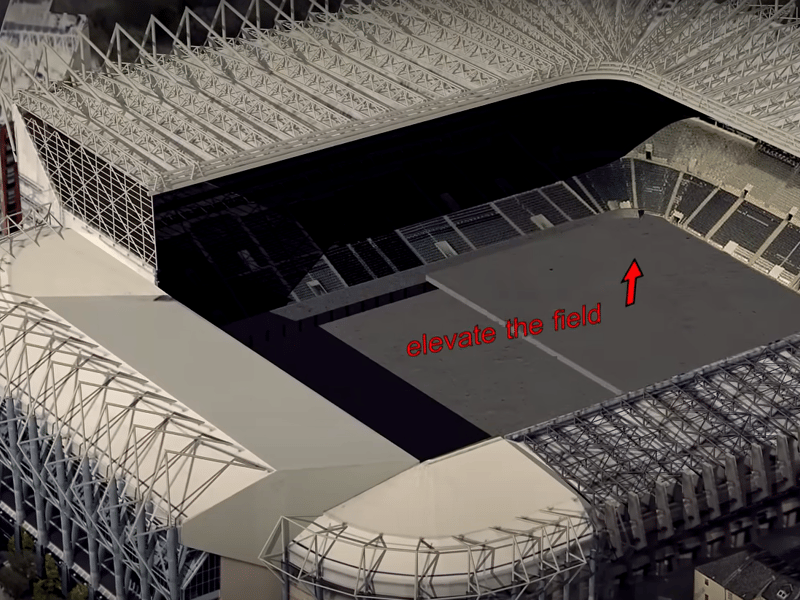 This ambitious concept would see the St James' Park pitch elevated, losing seating in the Milburn and Leazes stands. 