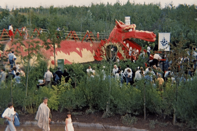 The red dragon slide at Liverpool International Garden Festival.