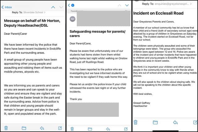 Three examples of letters sent home to parents about violence in Endcliffe Park by Silverdale, Notre Dame and Greystones respectively.