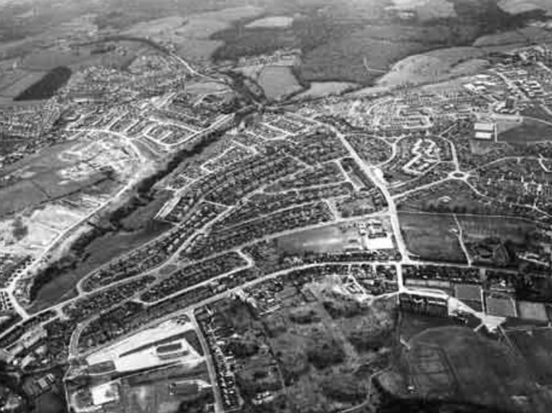 An aerial view of Charlton Brook estate, High Green, Sheffield, in April 1977