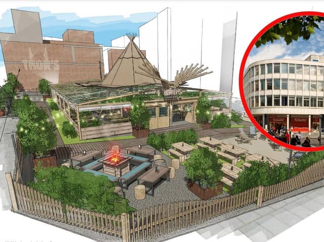 The proposed new Thor's Tipi food, drink and entertainment venue on Pinstone Street in Sheffield city centre, and, inset, the now-demolished Midcity House office block which it would replace. Picture: Fabler & Co. Ltd