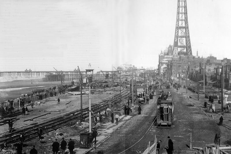 Central Beach as work neared completion on the widening of Blackpool Promenade which began in 1902 and took until 1905. On the right are the houses which became the Golden Mile