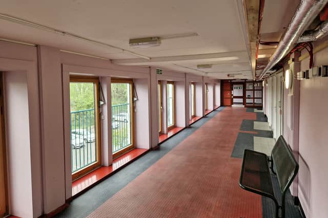 This photo shows the wide corridors and large windows at Harold Lambert Court, in Sheffield, which was one of four Hyde Park apartment blocks built in the 1960s, two of which are still standing