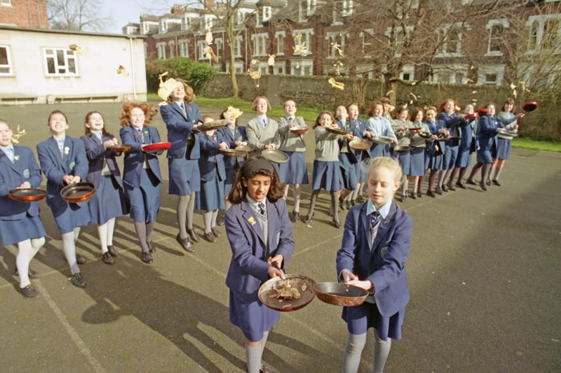 Pancakes everywhere in this scene from Sunderland Church High School in March 1992.