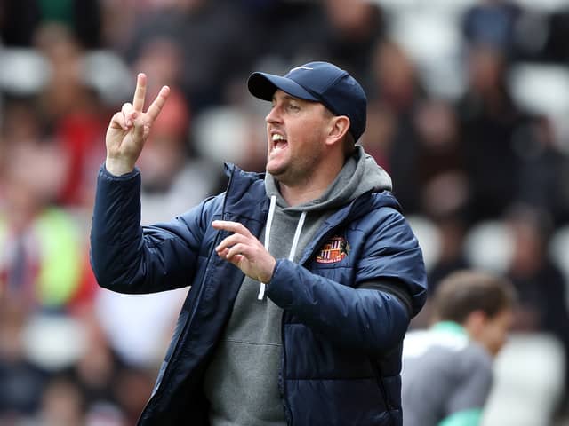 Mike Dodds, Manager of Sunderland, gestures during the Sky Bet Championship match between Sunderland and Sheffield Wednesday at Stadium of Light on May 04, 2024 in Sunderland, England. (Photo by Nigel Roddis/Getty Images)