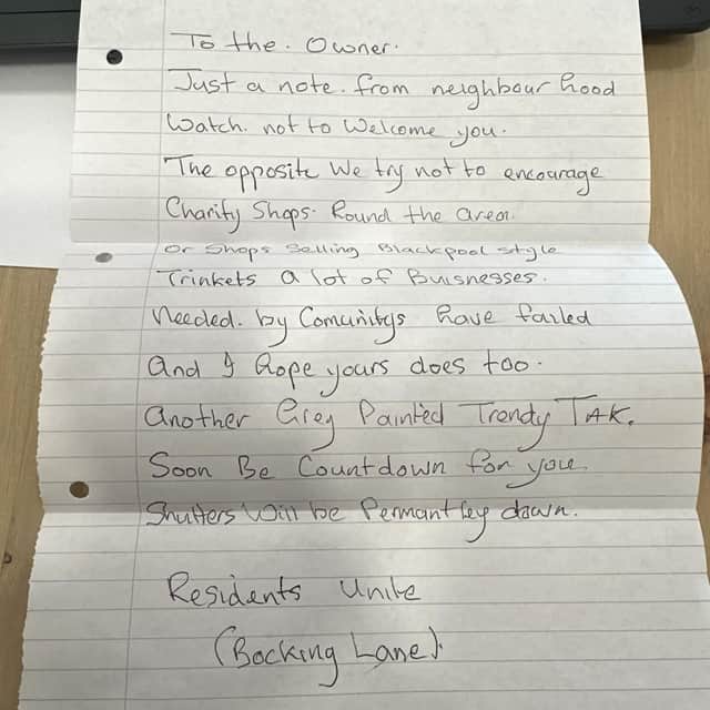 The note posted the Kreate in Sheffield. Shop manager, Ruth Denton, has told how the sender has "clearly not done their research"