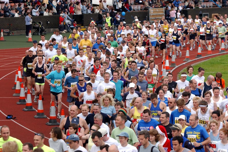 The 2003 Syntegra Edinburgh Marathon, when 4200 runners - making it the second largest marathon in the UK - leave Meadowbank Stadium at the start of the race. 