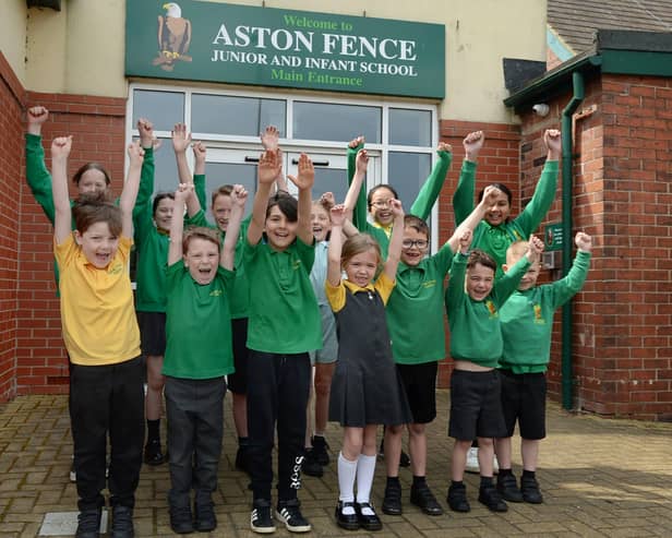 Pupils at Aston Fence Junior and Infant School celebrate their 'Outstanding' rating from Ofsted.
