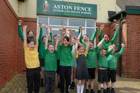 Pupils at Aston Fence Junior and Infant School celebrate their 'Outstanding' rating from Ofsted.