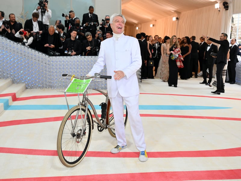 Perhaps better suited for the 2019 theme Camp, Byrne also turned heads during the 2023 Met Gala which celebrated Karl Lagerfeld when he turned up with a bike. 
