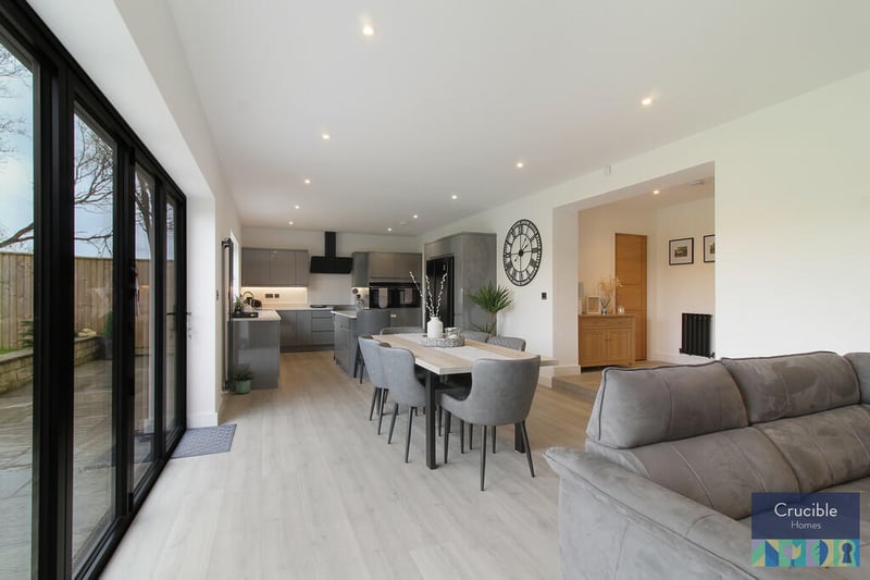 Crucible Homes writes: "The layout to the ground floor living space comprises of; lounge, open plan living - kitchen, dining and secondary seating area, bedroom and bathroom."