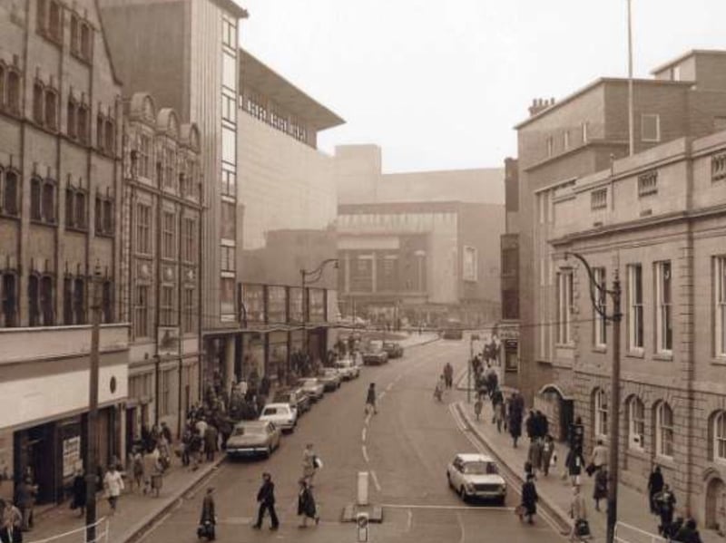 Castle Street, looking towards Angel Street, some time between 1960 and 1979, showing (centre) Castle House, Sheffield Co-operative Society building and (right) Court House (formerly Sheffield Town Hall)