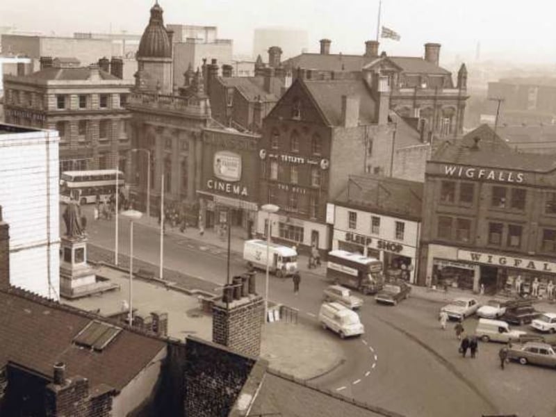 Looking down over Fitzalan Square, Sheffield, some time during the 1960s or 70s, with Barclays Bank, Classic Cinema, The Bell Hotel, the Sleep Shop and Wigfalls among the businesses you can see