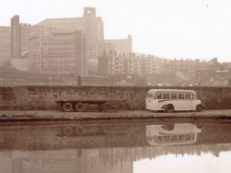 Sheffield Canal Basin, now Victoria Quays, pictured some time between 1960 and 1979, showing Hyde Park flats in the background