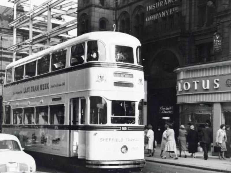 Tram 513 on Fargate, Sheffield city centre, in 1960, showing Eagle Star Insurance Co and Lotus and Delta shoe dealers