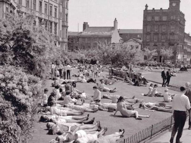 Sunbathers in the Peace Gardens, Sheffield city centre, some time between 1960 and 1979