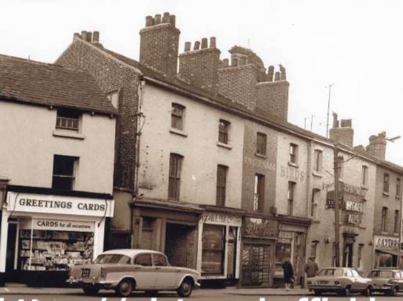 Orchard Street, Sheffield city centre, some time between 1960 and 1979, showing J. Brydon and Co stationers, Alexander Bortner jewellers, Dainties (Sheffield) confectioners and Frank Barlow sandwich shop