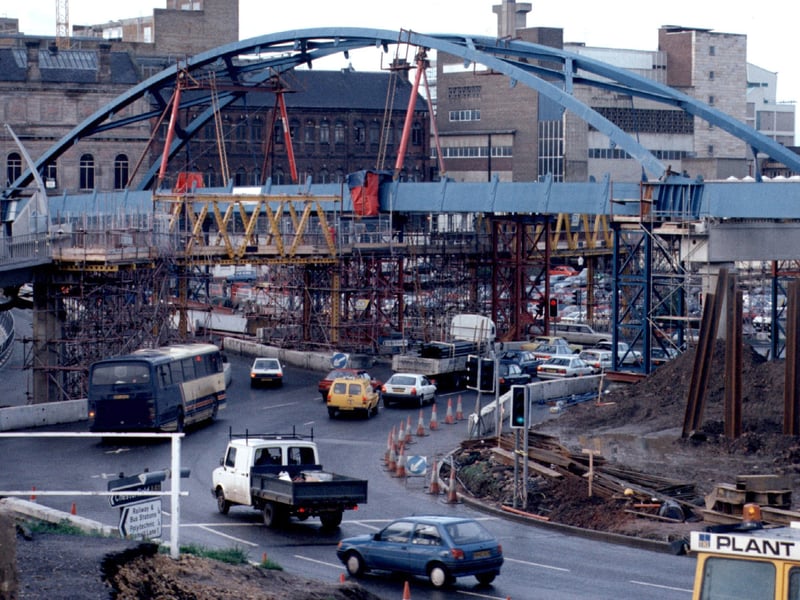 This image from 1993 shows the iconic Park Square Bridge, also known as the Supertram Bridge, under construction - and the impact on traffic below.
