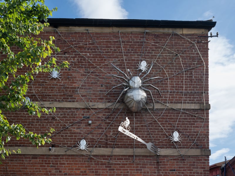 This giant spiderweb and spiders on the side of the Gripple building on the corner of Firth Drive and Saville Street, in Attercliffe, Sheffield, was created by Johnny White